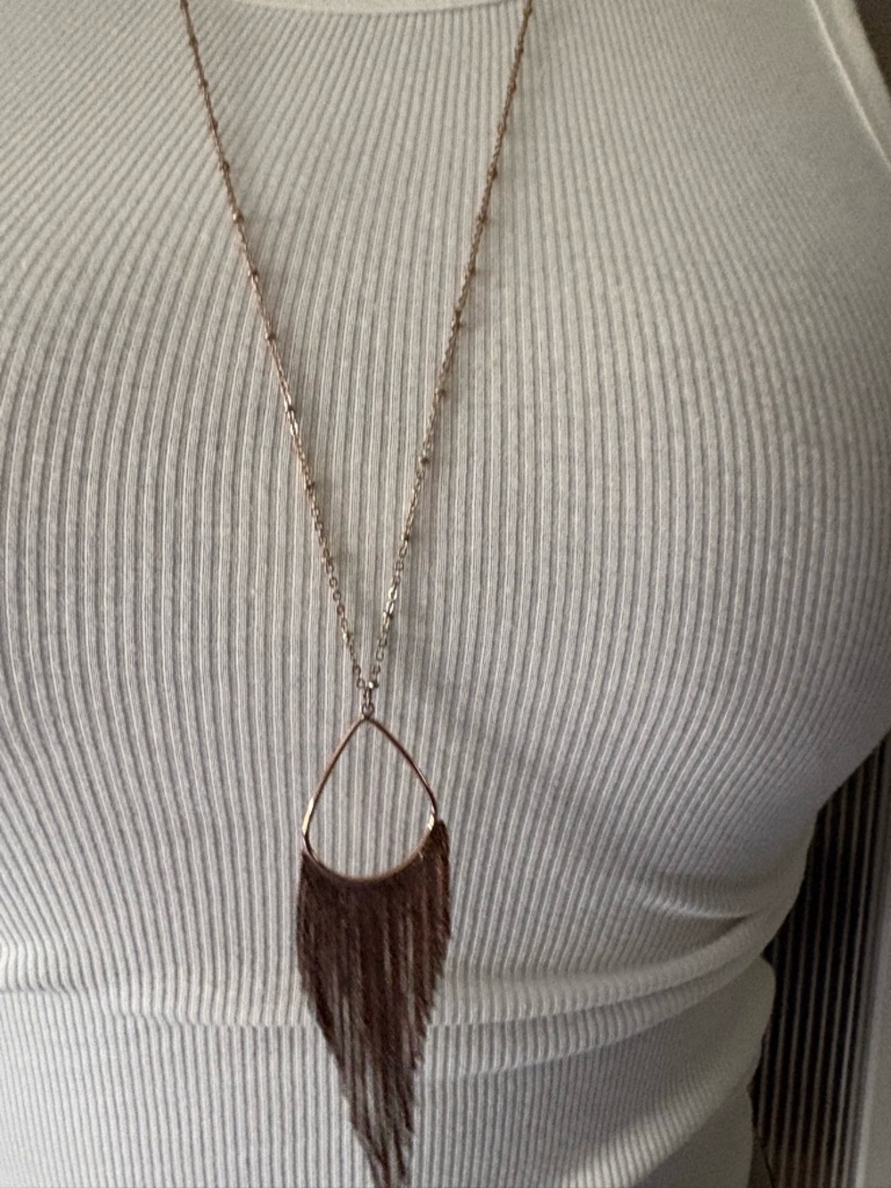 Long Fringe Teardrop Pendant Necklace - Brown